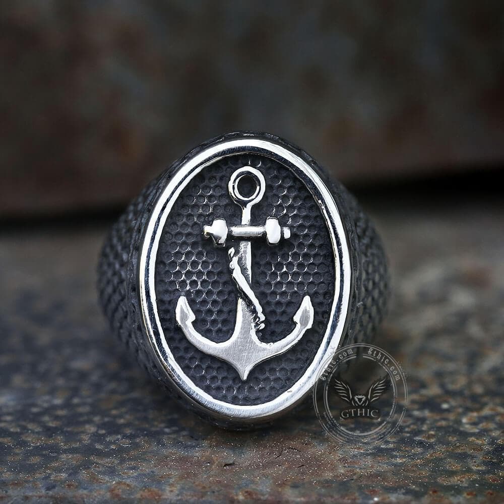 Carved Anchor Stainless Steel Marine Ring - GTHIC