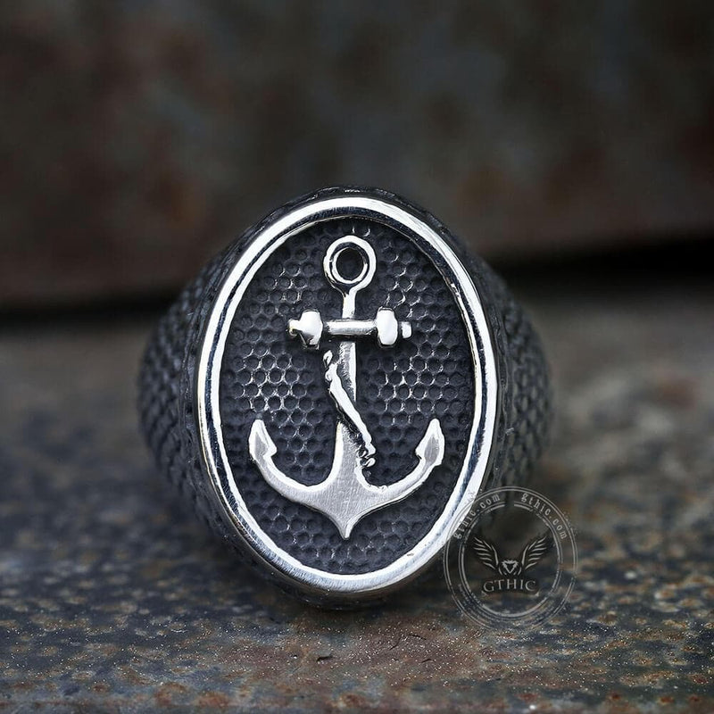 Carved Anchor Stainless Steel Marine Ring - GTHIC