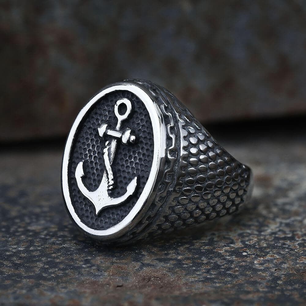 Carved Anchor Stainless Steel Marine Ring - GTHIC