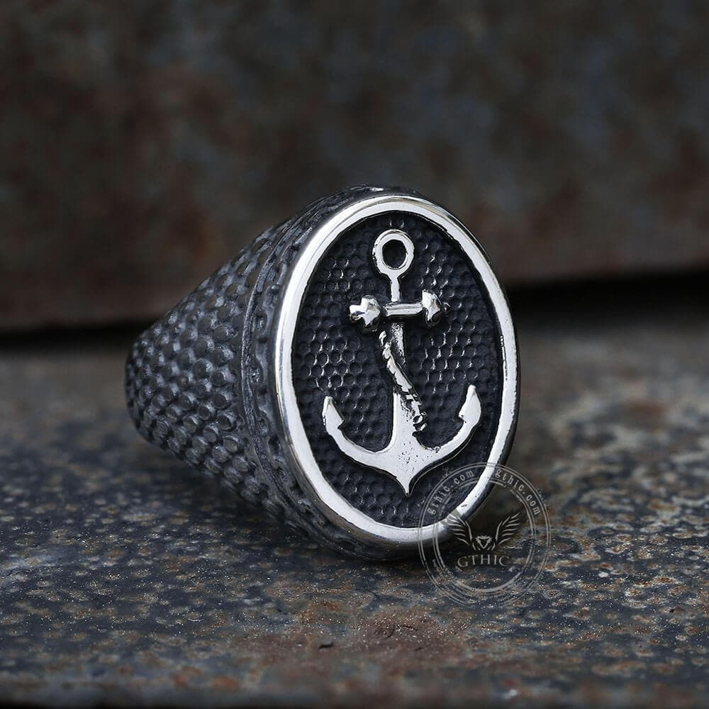 Carved Anchor Stainless Steel Marine Ring - GTHIC
