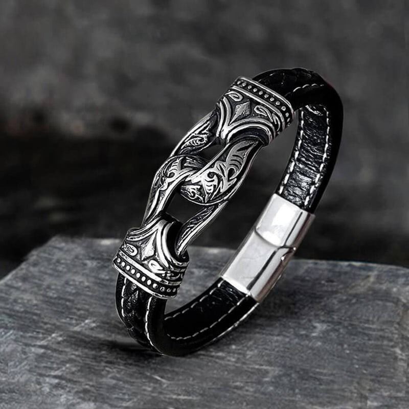 Carved Viking Stainless Steel Leather Bracelet | Gthic.com