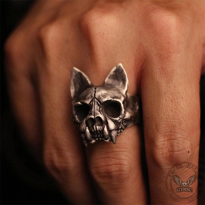 Cat Bone Sterling Silver Skull Ring | Gthic.com