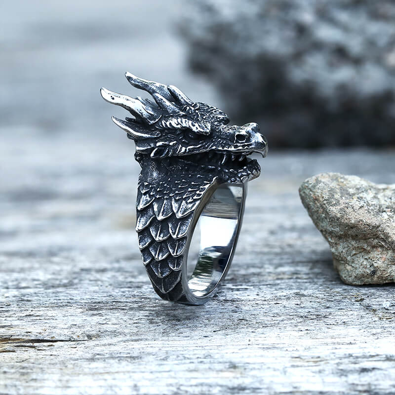 Men's Sterling Silver Dragon Ring - Dragon Romance