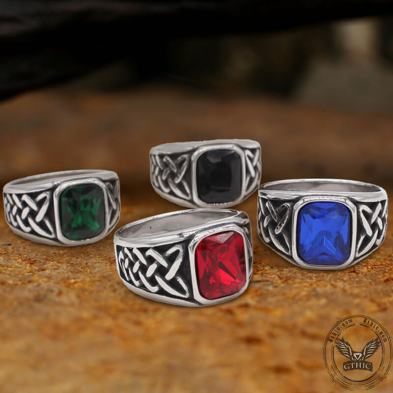 Celtic Knot Gemstone Stainless Steel Viking Ring | Gthic.com