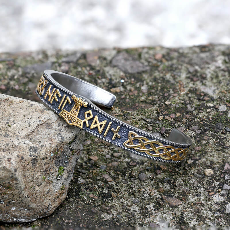 Celtic Knot Mjolnir Runes Stainless Steel Viking Bracelet | Gthic.com