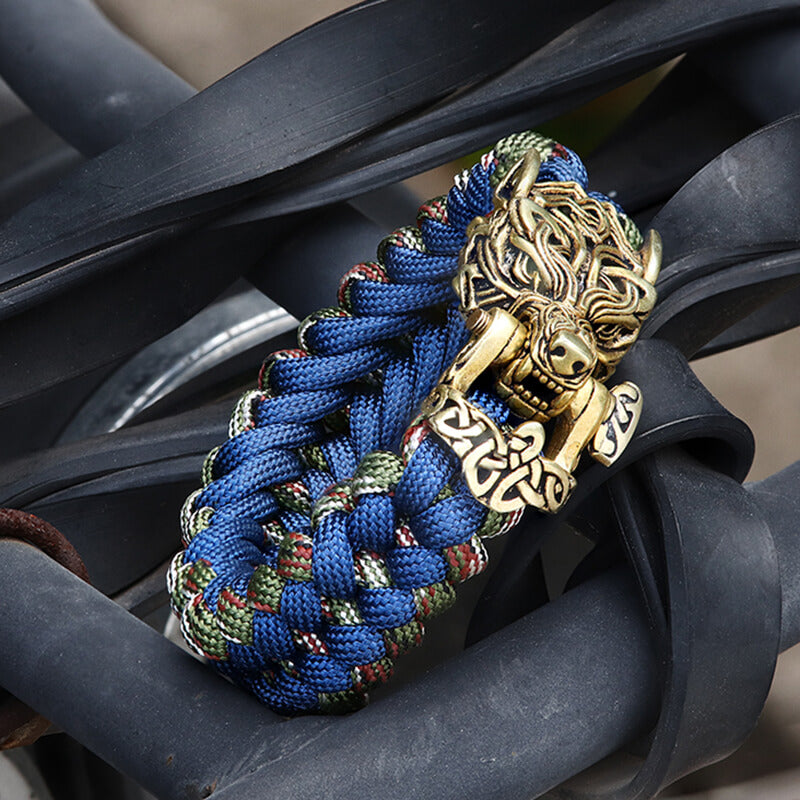 Celtic Wolf Brass Paracord Bracelet, Blue / 22 cm