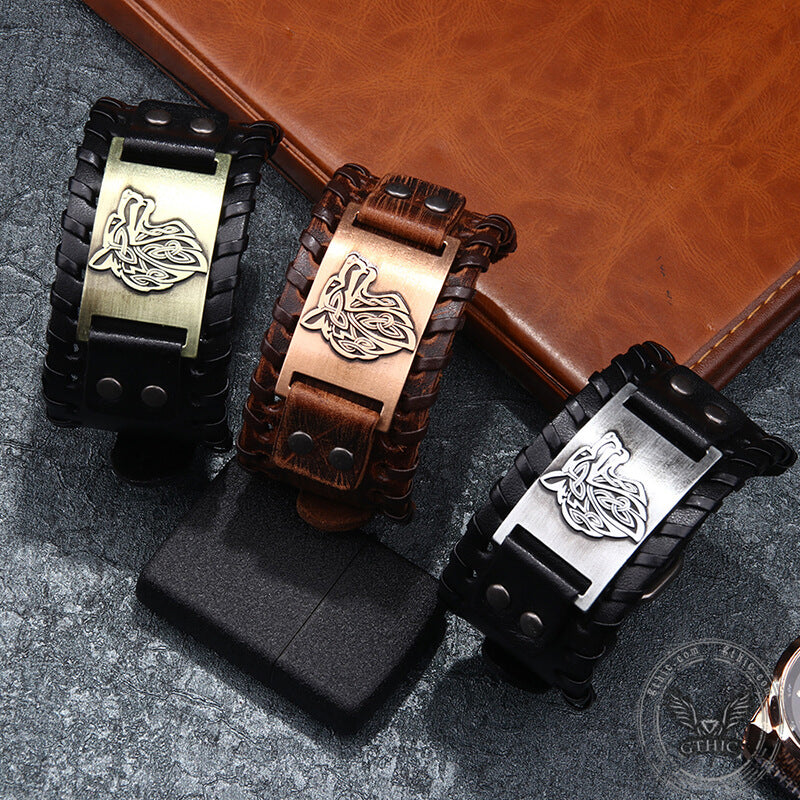 Celtic Wolf Leather Alloy Viking Bracelet | Gthic.com