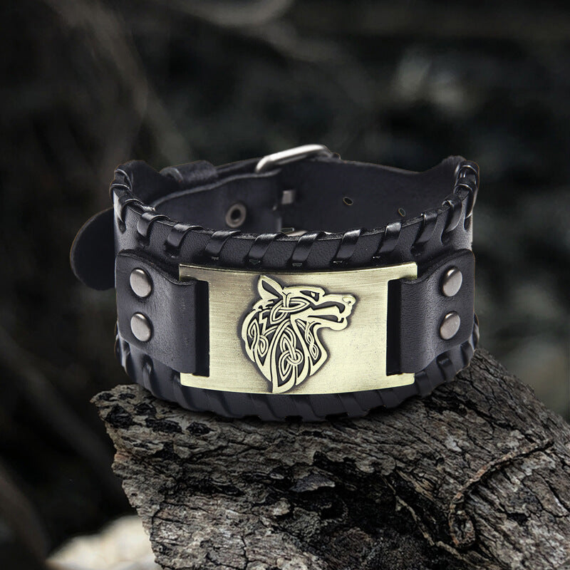 Celtic Wolf Leather Alloy Viking Bracelet | Gthic.com
