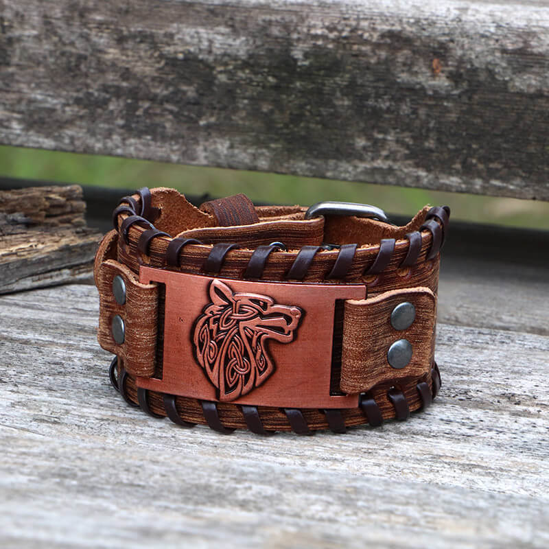 Celtic Wolf Leather Alloy Viking Bracelet | Gthic.com