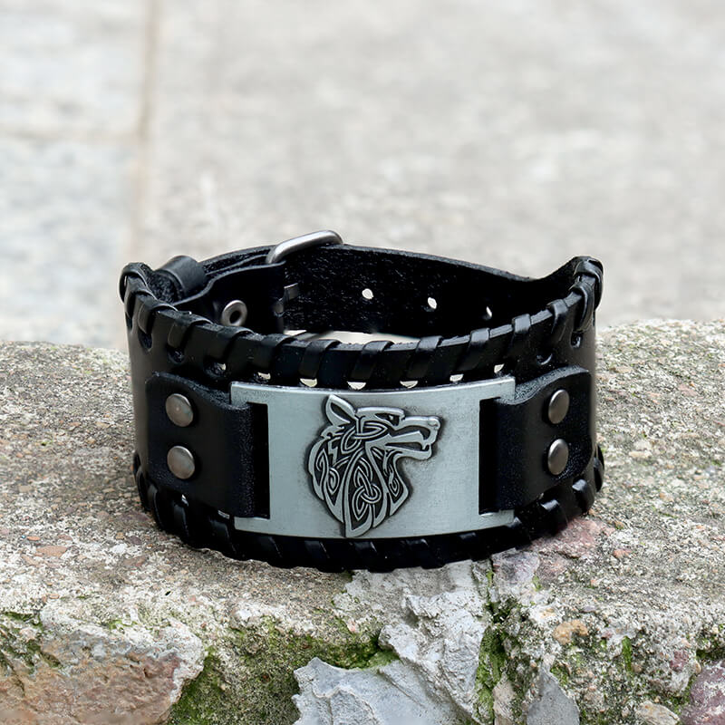 Celtic Wolf Leather Alloy Viking Bracelet | Gthic.com