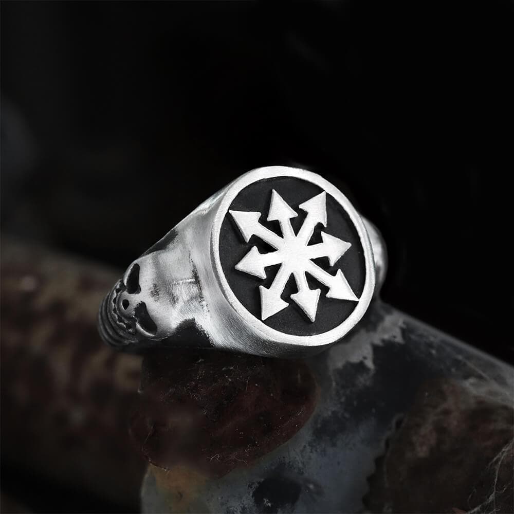 Chaos Star Stainless Steel Skull Ring | Gthic.com
