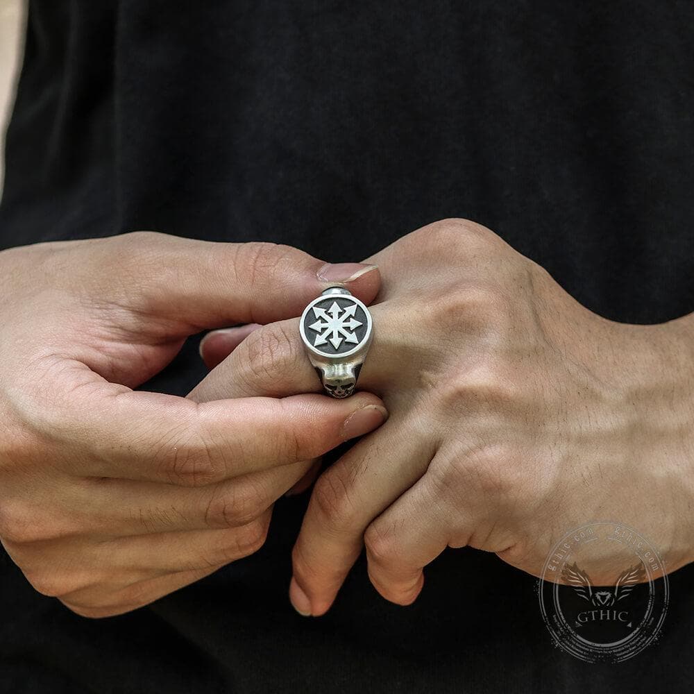 Chaos Star Stainless Steel Skull Ring | Gthic.com