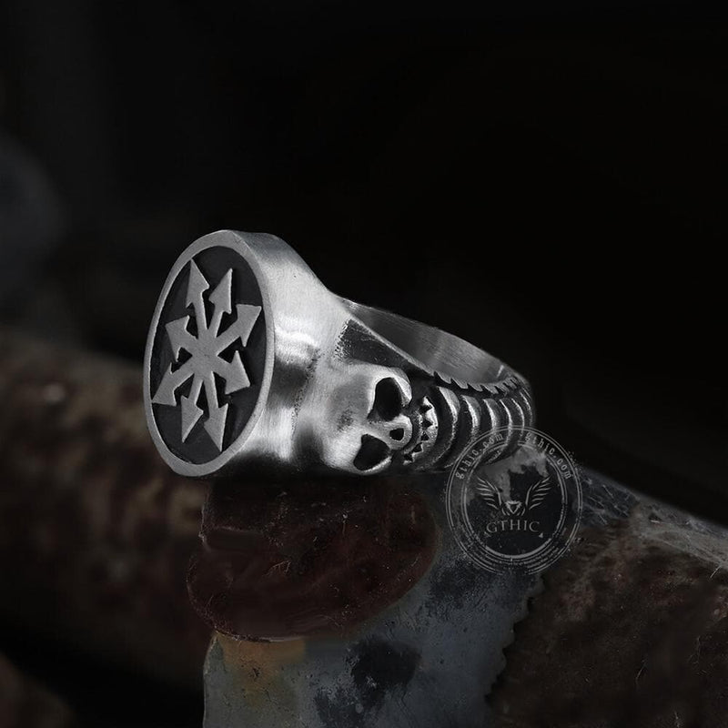 Chaos Star Stainless Steel Skull Ring | Gthic.com