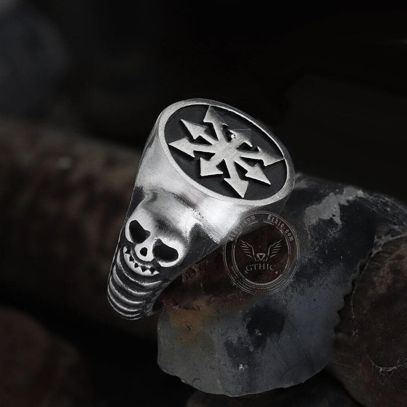 Chaos Star Stainless Steel Skull Ring | Gthic.com