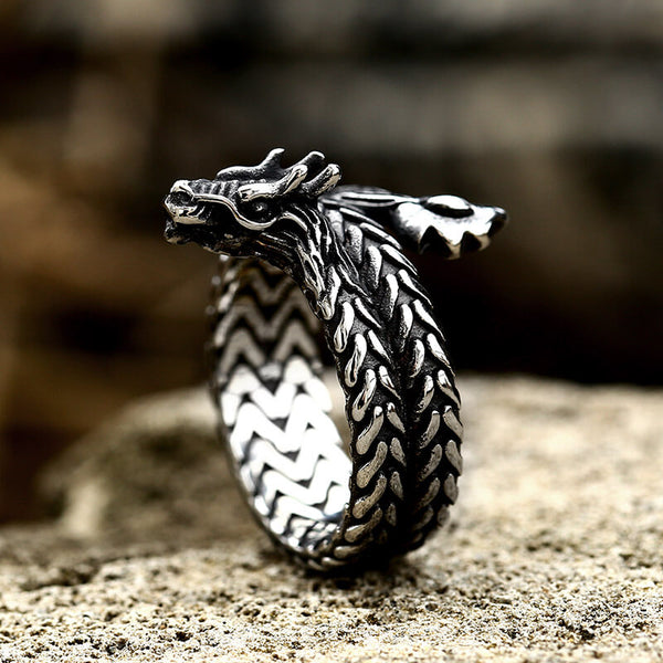 Coiled Dragon Stainless Steel Animal Ring 01 A | Gthic.com