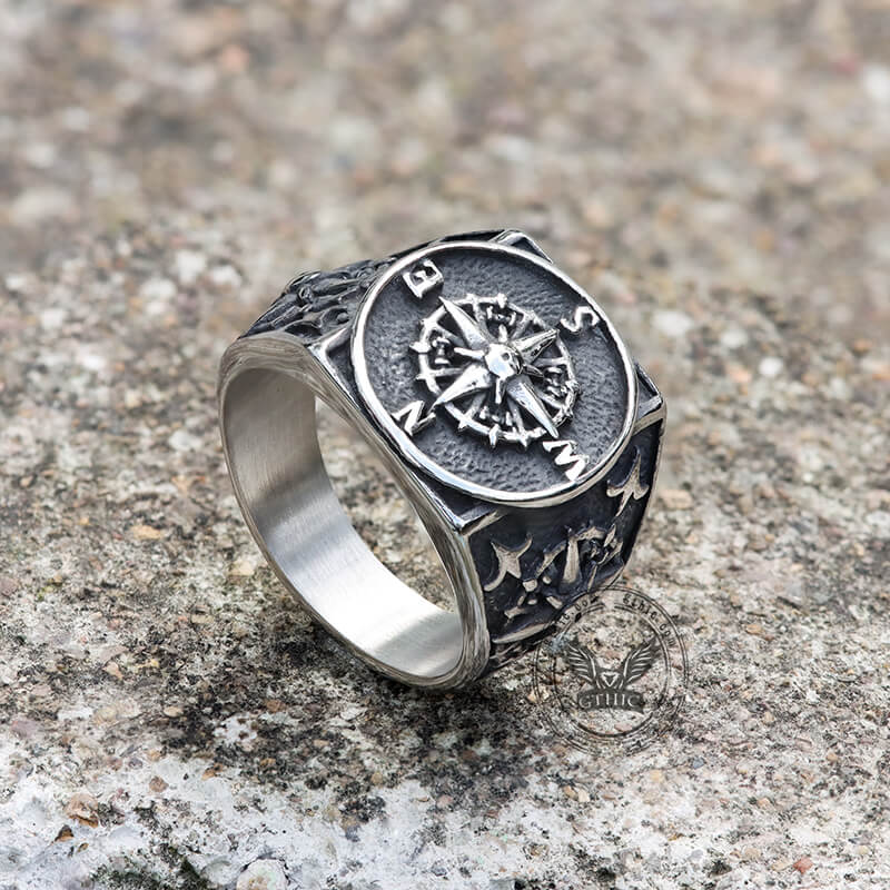 Compass Design Stainless Steel Marine Ring | Gthic.com