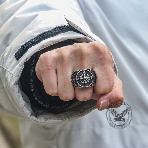Compass Design Stainless Steel Marine Ring