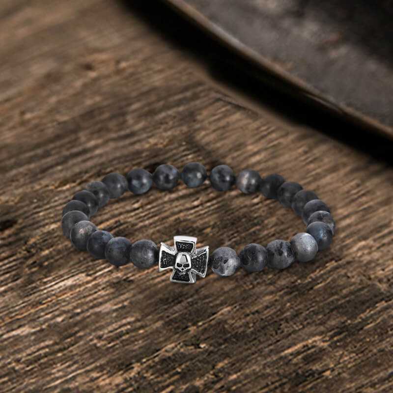 Cross Skull Stainless Steel Men's Bead Bracelet | Gthic.com