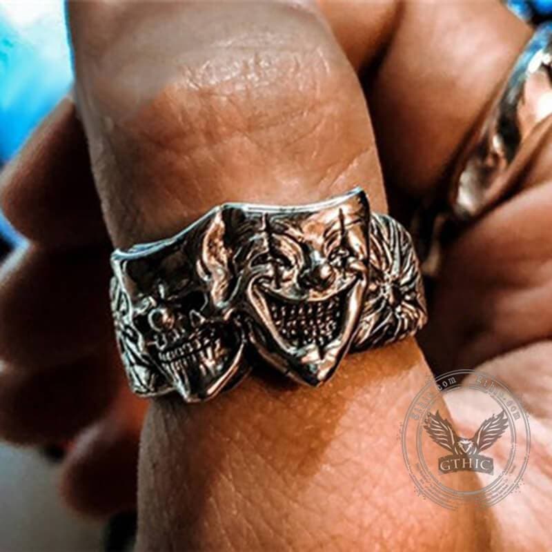 Crying And Smiling Clown Sterling Silver Ring | Gthic.com