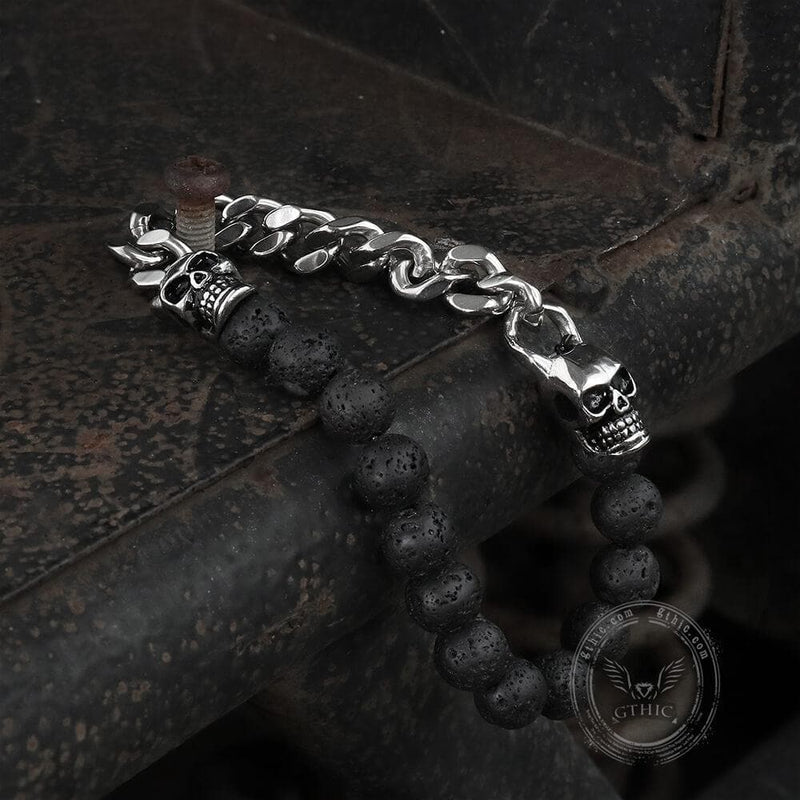 Cuban Chain And Volcanic Rock Skull Bracelet | Gthic.com