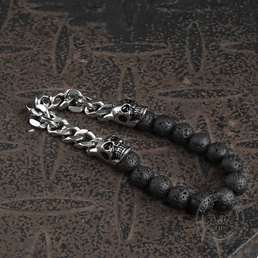 Cuban Chain And Volcanic Rock Skull Bracelet | Gthic.com