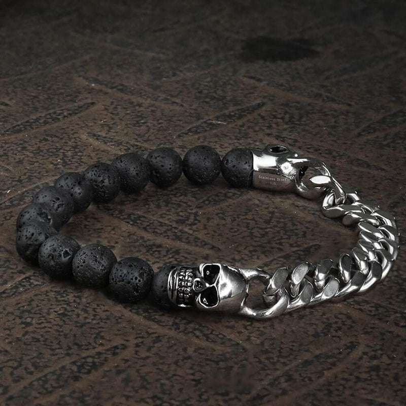 Cuban Chain And Volcanic Rock Skull Bracelet | Gthic.com