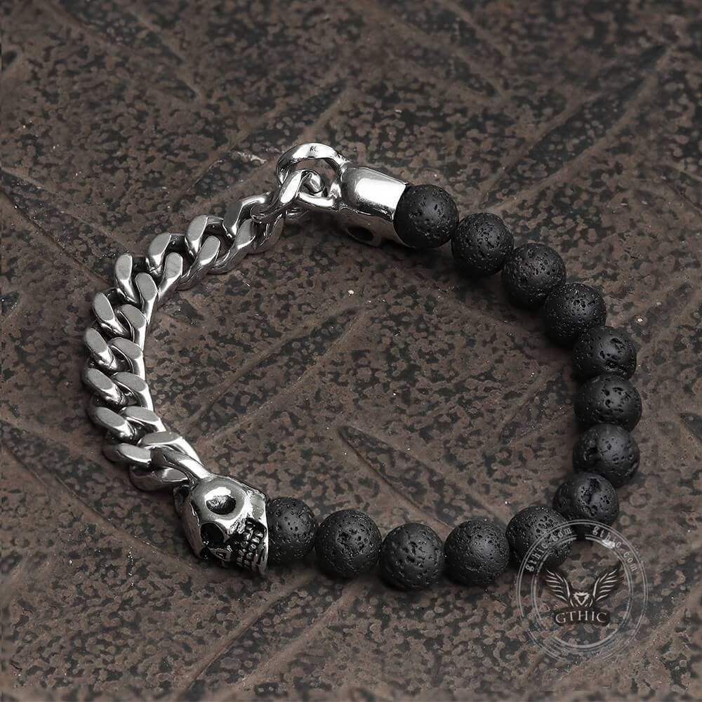 Cuban Chain And Volcanic Rock Skull Bracelet | Gthic.com