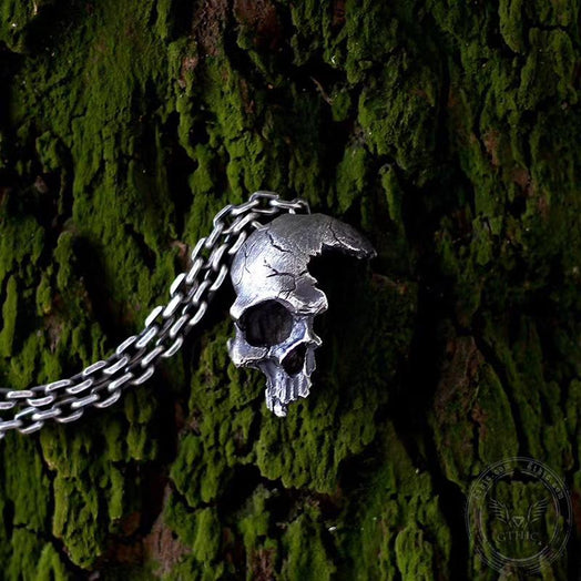 Damaged Half Face Sterling Silver Brass Skull Pendant | Gthic.com