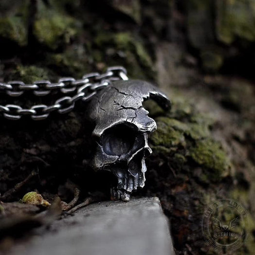 Damaged Half Face Sterling Silver Brass Skull Pendant | Gthic.com