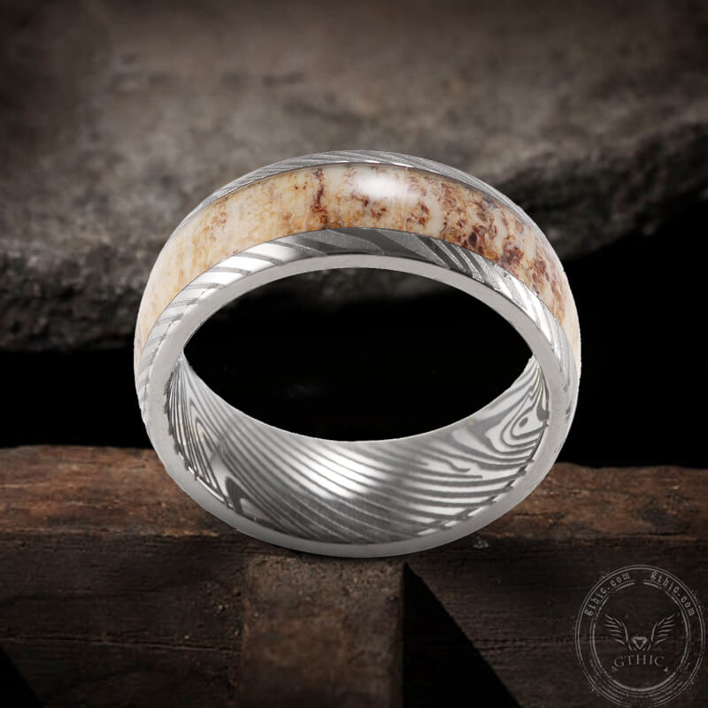 Damascus Steel Pattern Stainless Steel Antler Ring | Gthic.com