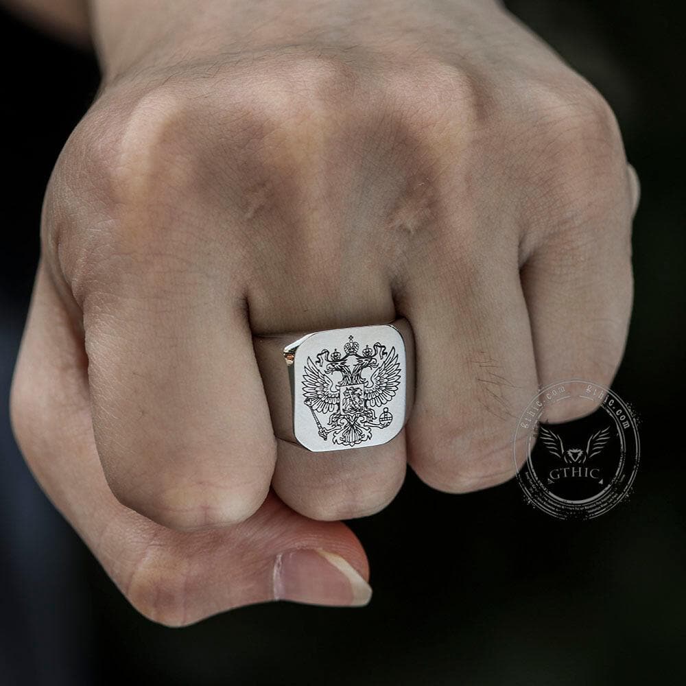 Double-Headed Eagle Stainless Steel Coat of Arms Ring | Gthic.com