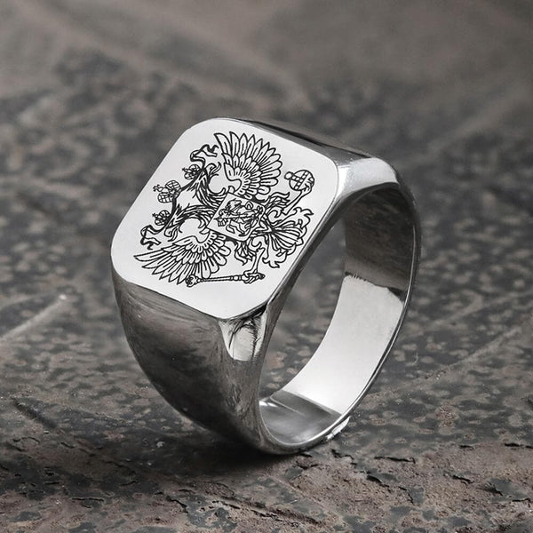 Double-Headed Eagle Stainless Steel Coat of Arms Ring | Gthic.com