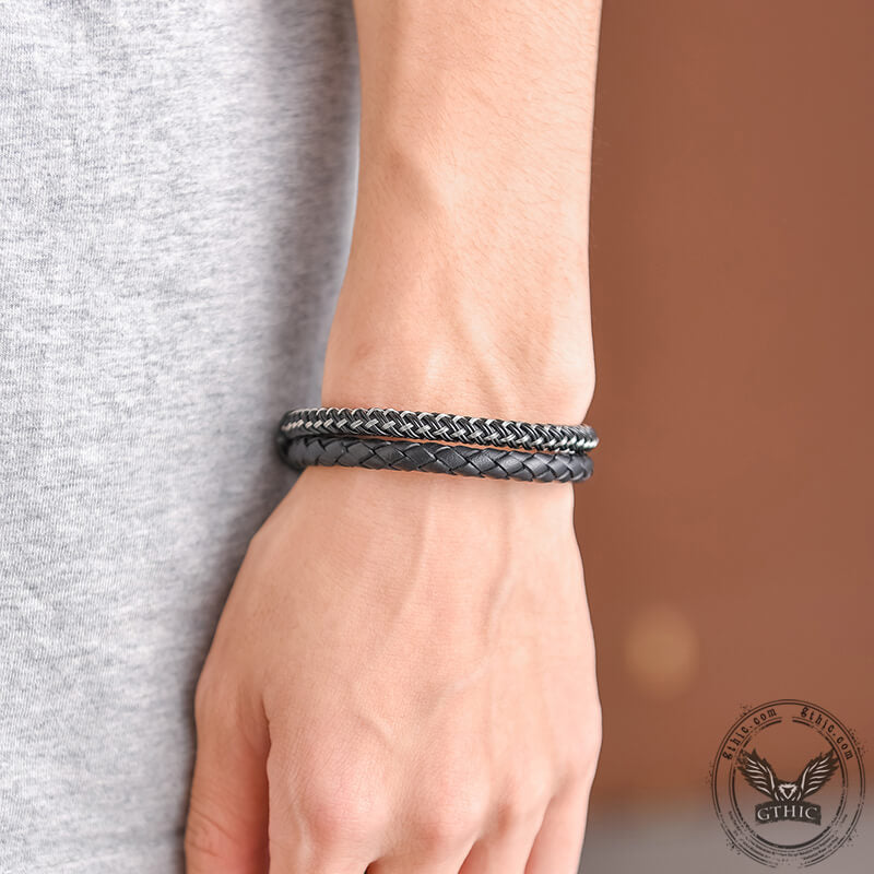 Double Braided Leather Stainless Steel Bracelet | Gthic.com