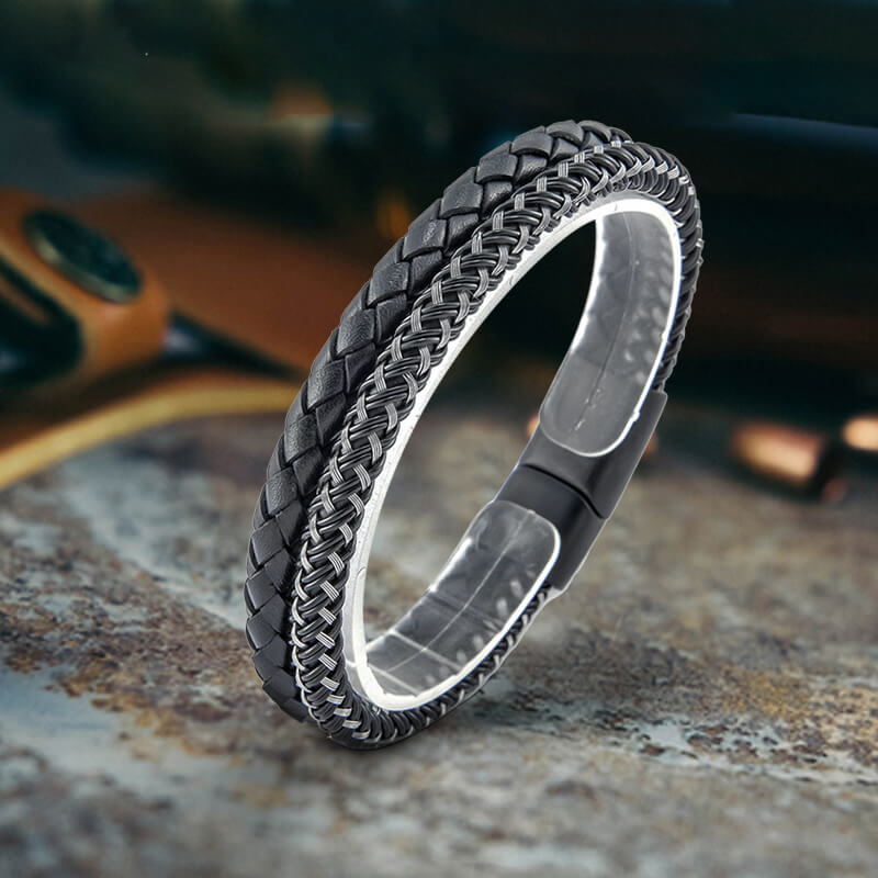 Double Braided Leather Stainless Steel Bracelet | Gthic.com