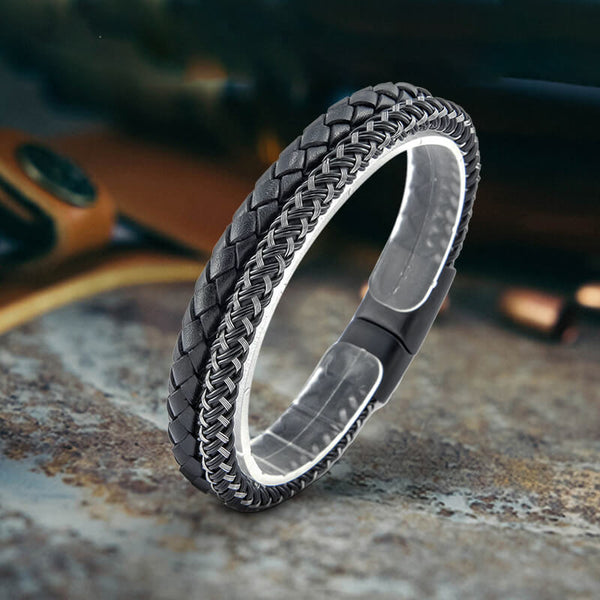 Double Braided Leather Stainless Steel Bracelet | Gthic.com
