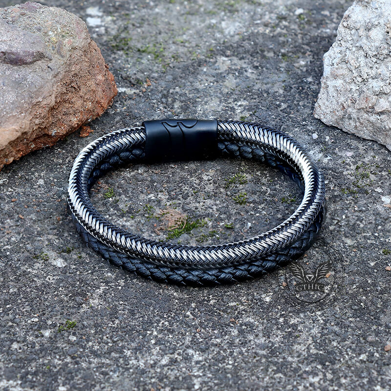 Double Braided Leather Stainless Steel Bracelet | Gthic.com