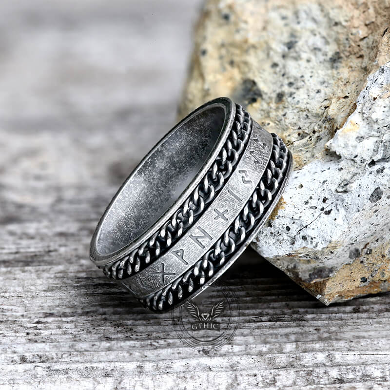 Double Chain Runes Stainless Steel Viking Ring | Gthic.com