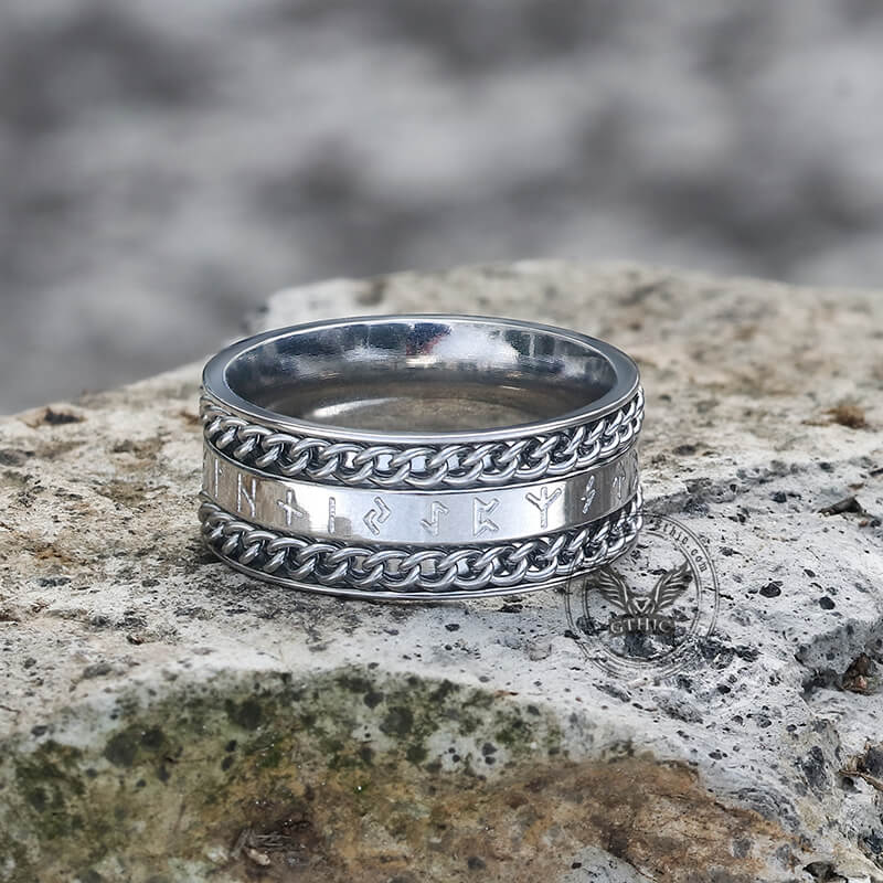 Double Chain Runes Stainless Steel Viking Ring | Gthic.com