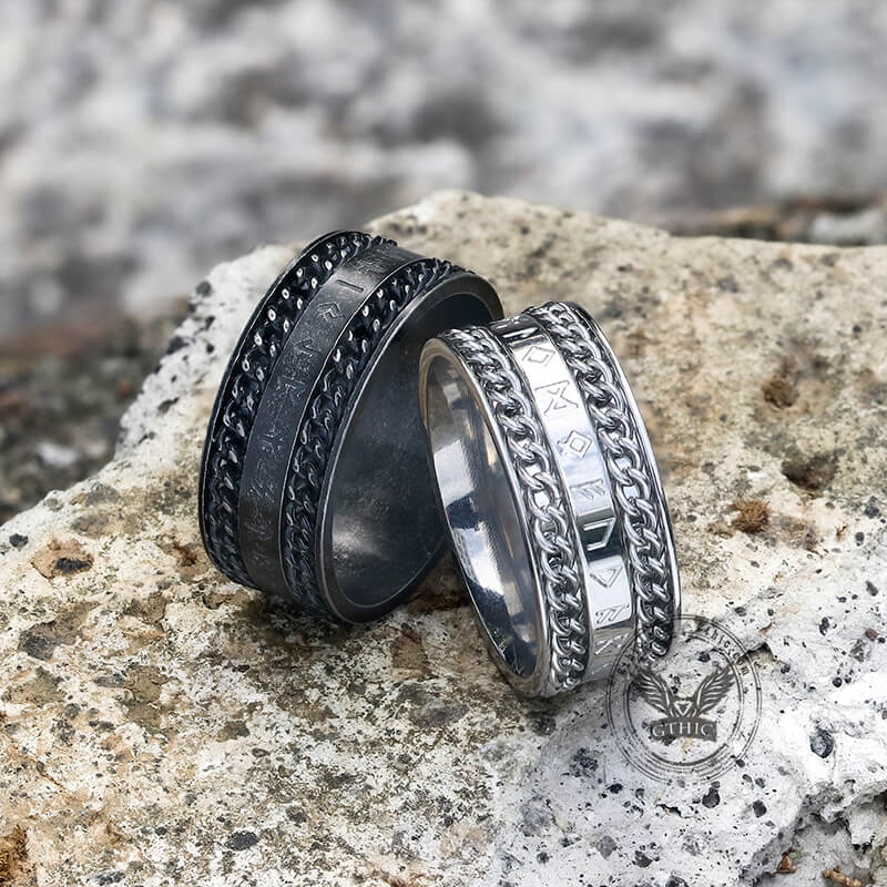 Double Chain Runes Stainless Steel Viking Ring | Gthic.com