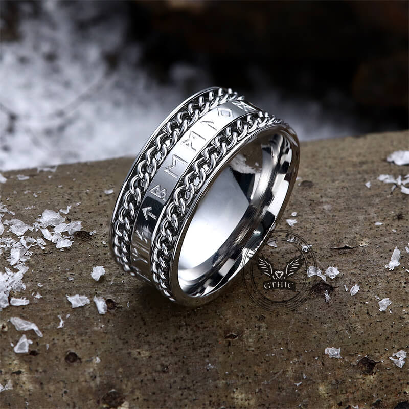 Double Chain Runes Stainless Steel Viking Ring | Gthic.com