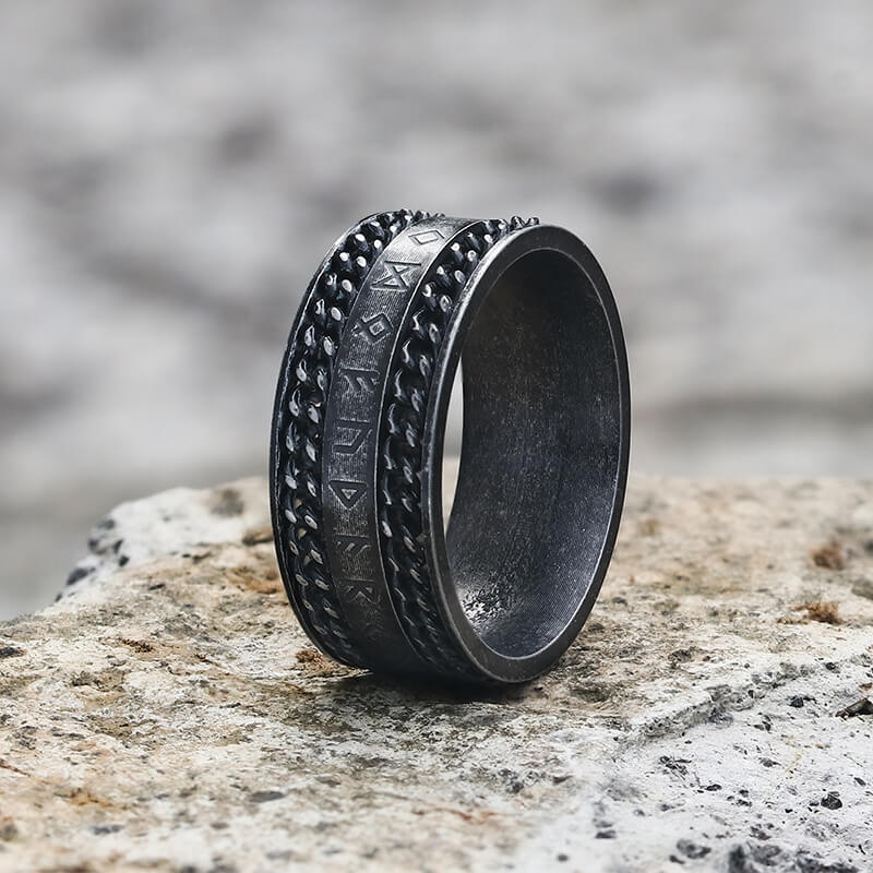 Double Chain Runes Stainless Steel Viking Ring | Gthic.com