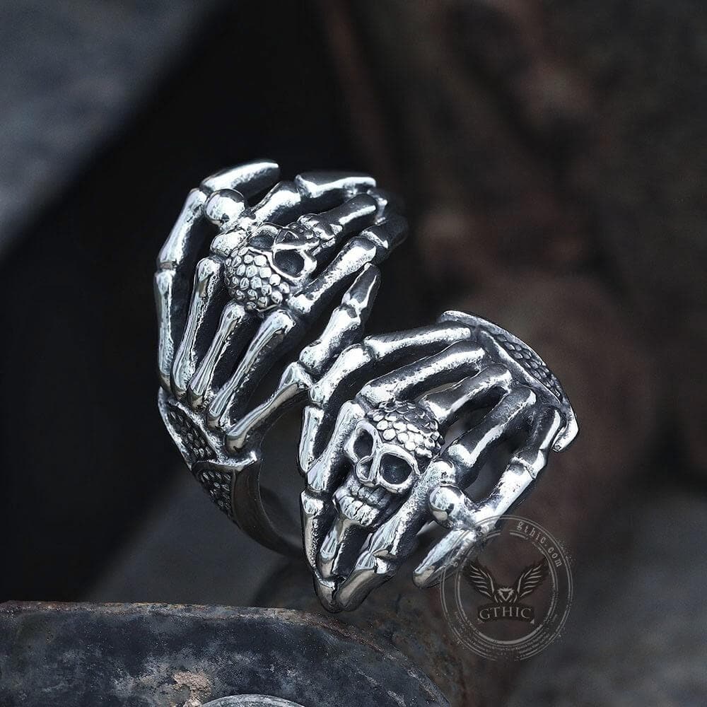 Double Ghost Hand Stainless Steel Skull Ring | Gthic.com