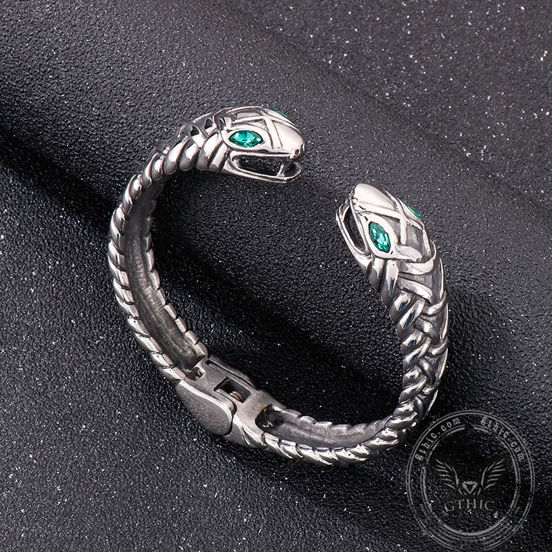 Double Headed Snake Stainless Steel Men's Open Bracelet 04 | Gthic.com