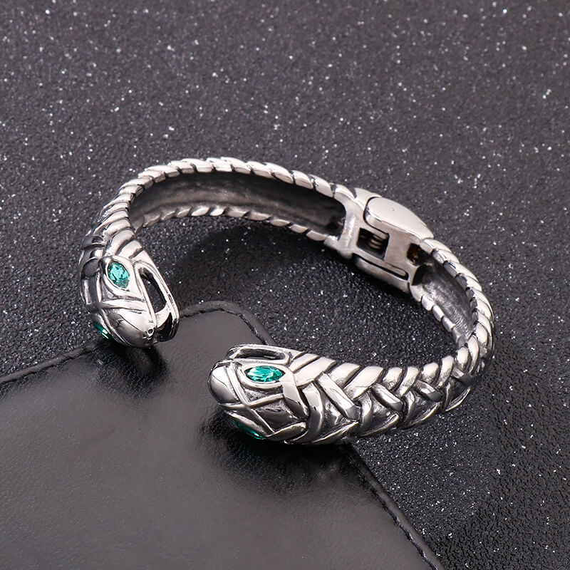 Double Headed Snake Stainless Steel Men's Open Bracelet 01 | Gthic.com