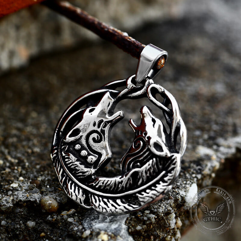 Double Howling Wolf Stainless Steel Animal Pendant | Gthic.com