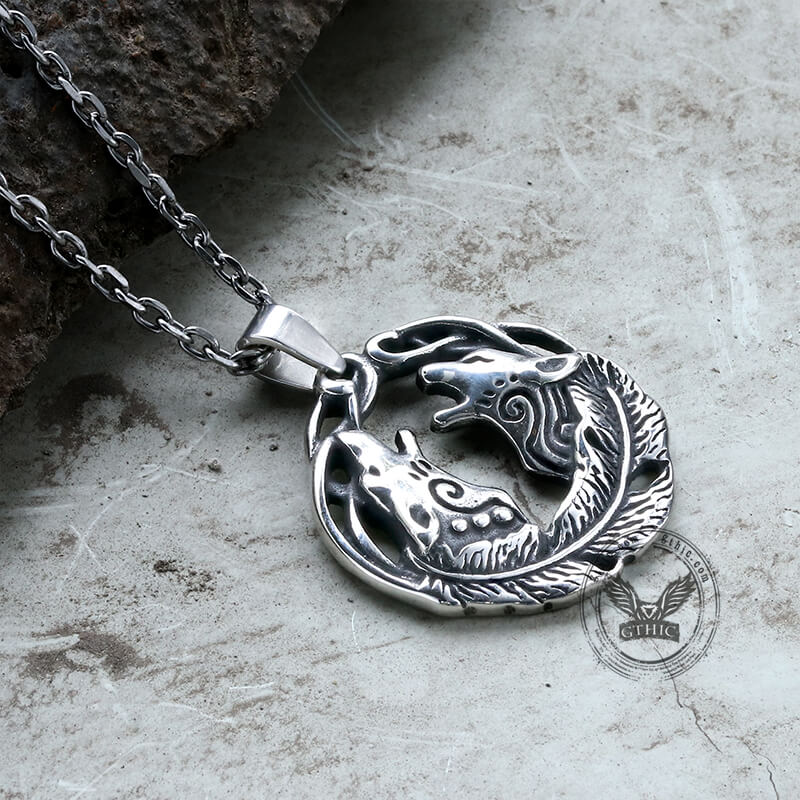 Double Howling Wolf Stainless Steel Animal Pendant | Gthic.com