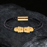 Double Skull Braided Stainless Steel Magnetic Buckle Leather Bracelet