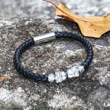 Double Skull Braided Stainless Steel Magnetic Buckle Leather Bracelet | Gthic.com