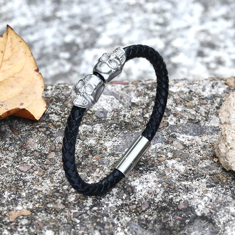 Double Skull Braided Stainless Steel Magnetic Buckle Leather Bracelet | Gthic.com