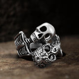 Double Skulls Stainless Steel Ring 01 | Gthic.com